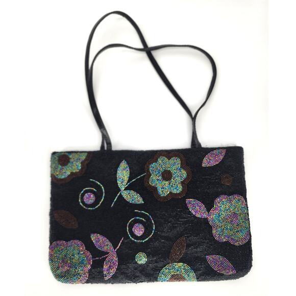 Black and Iridescent Beaded Floral Shoulder Bag - Picture 9 of 10